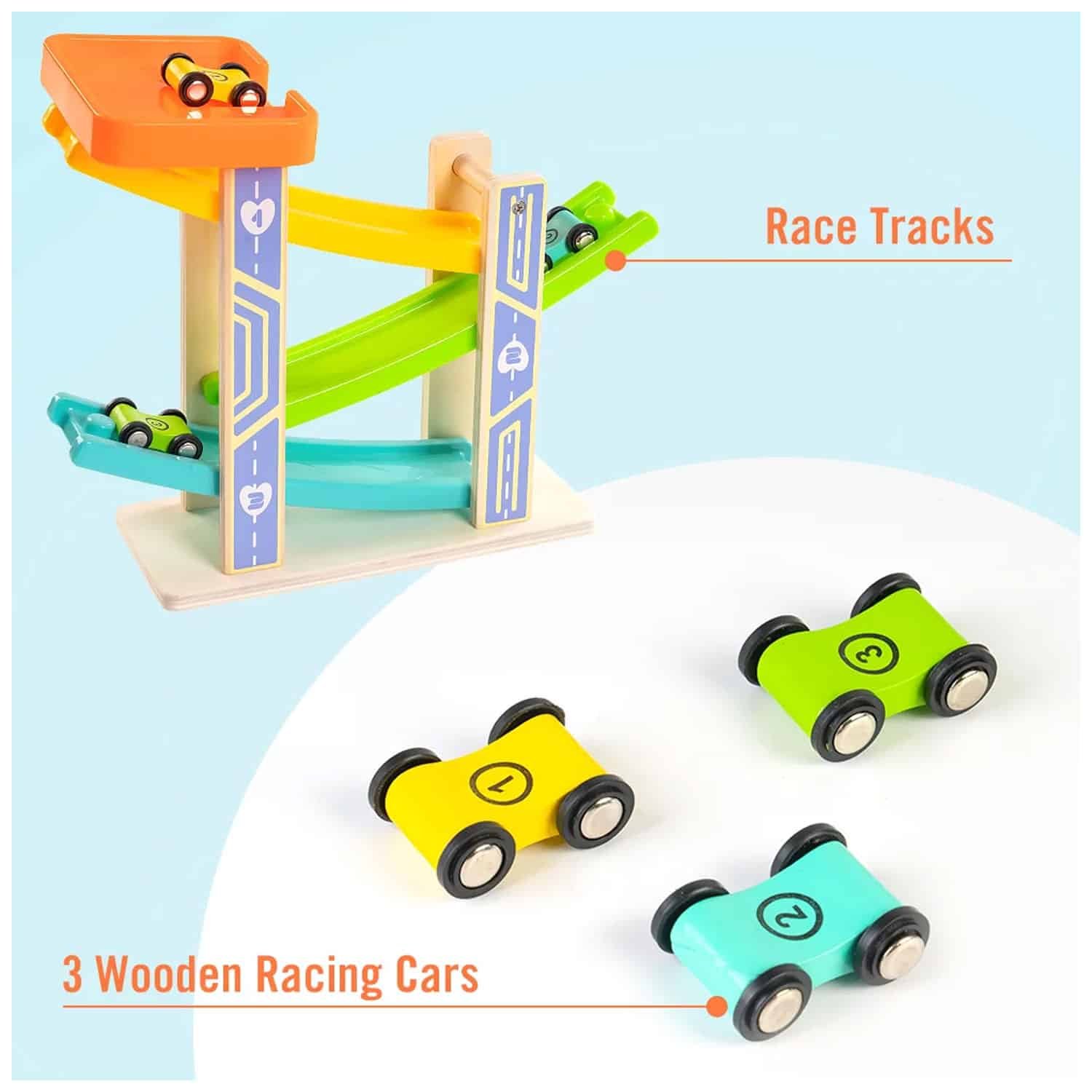 Funsmile Race Track Car Ramp Toy Wooden Toddler Toys for 2 3 Year Old Boy Girl Gifts with 3 Wooden Cars - Image 3