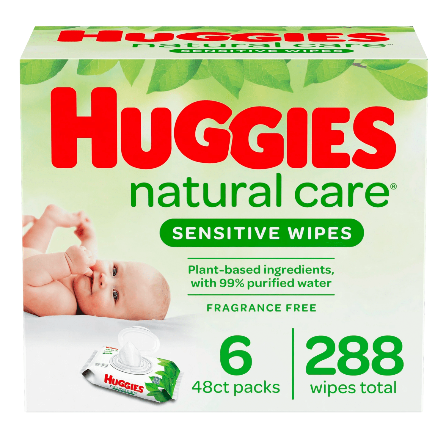 Huggies Natural Care Sensitive Baby Wipes, Unscented, 6 Flip-Top Packs (288 Wipes Total)